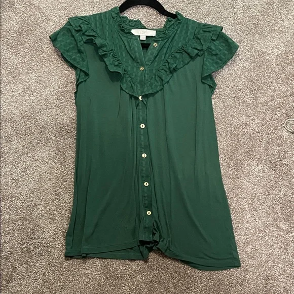 LOFT Emerald Ruffle Button-Up Blouse - Picture 2 of 7